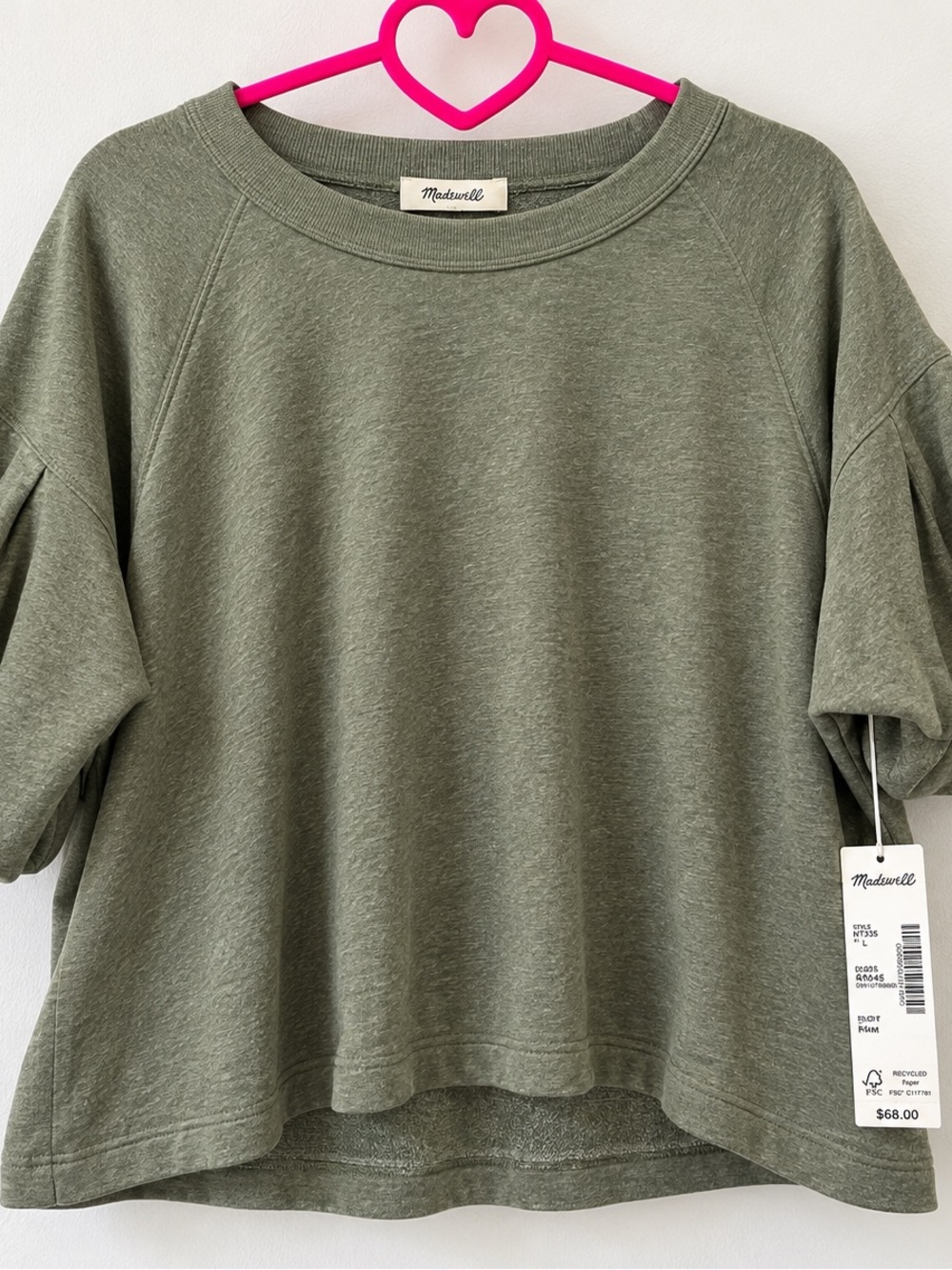 Madewell Olive Green Ruffle Sleeve Sweatshirt Top NWT Size L